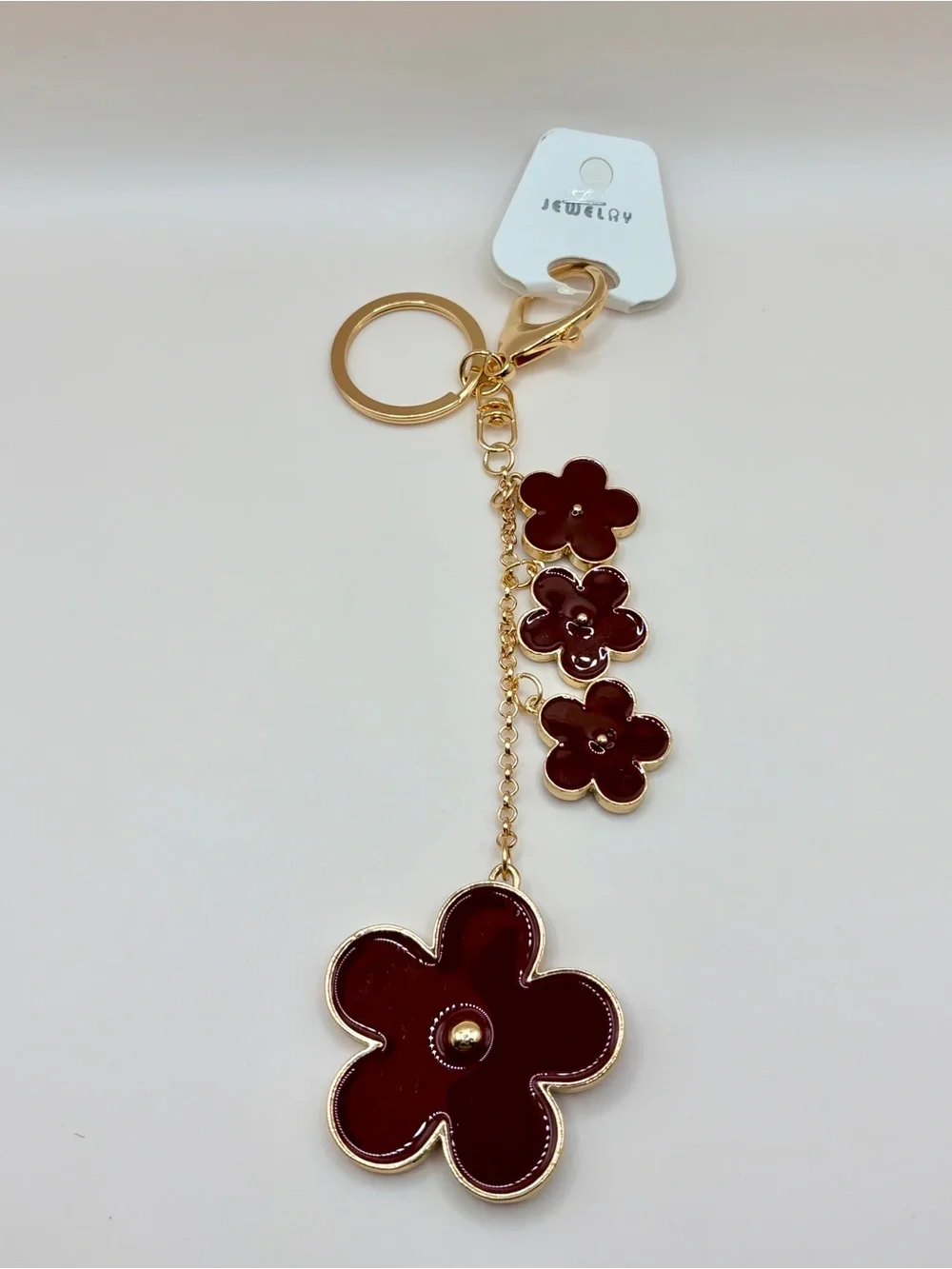 Luxe Gold-Tone Keychain with Burgundy Flower Charms